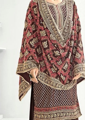 Brown Heavy Chinon Embroidered Palazzo Suit
