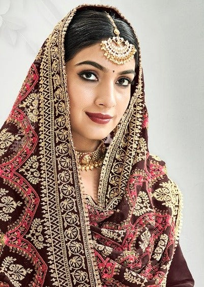 Brown Heavy Chinon Embroidered Palazzo Suit
