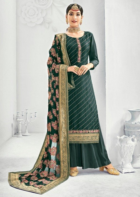 Teal Heavy Chinon Embroidered Palazzo Suit
