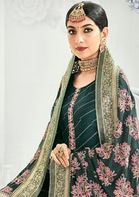 Teal Heavy Chinon Embroidered Palazzo Suit
