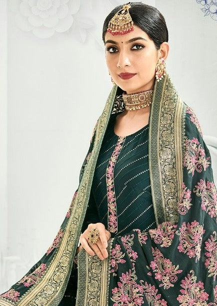 Teal Heavy Chinon Embroidered Palazzo Suit