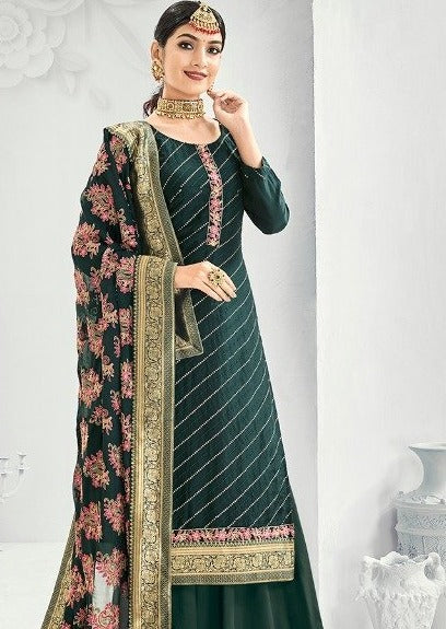 Teal Heavy Chinon Embroidered Palazzo Suit