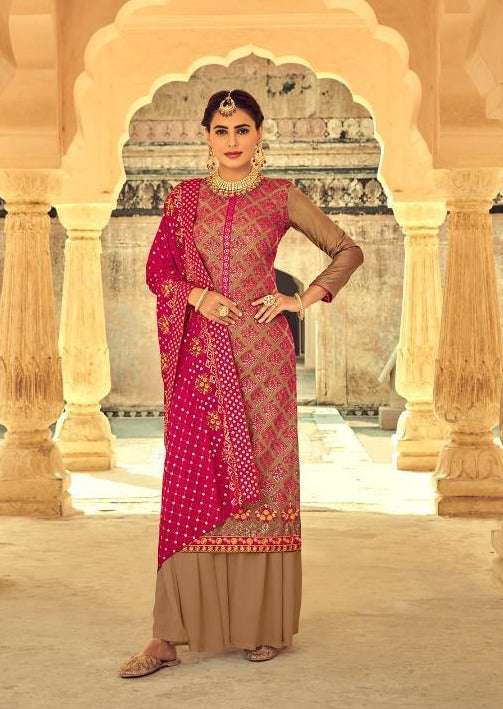 Beige & Magenta Heavy Chinon Embroidered Palazzo Suit
