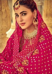 Beige & Magenta Heavy Chinon Embroidered Palazzo Suit