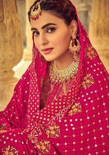 Beige & Magenta Heavy Chinon Embroidered Palazzo Suit