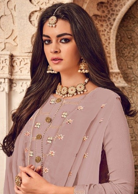 Lilac Pure Georgette Butti Embroidered Palazzo Suit