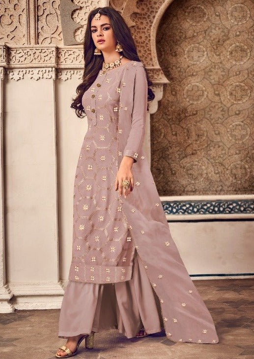 Lilac Pure Georgette Butti Embroidered Palazzo Suit