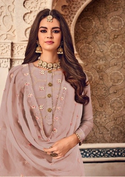 Lilac Pure Georgette Butti Embroidered Palazzo Suit