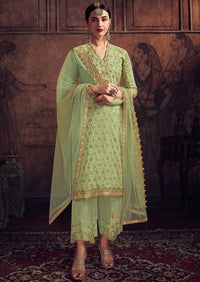 Mint Green Jacquard Embroidered Palazzo Suit