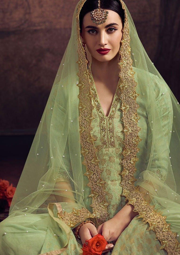 Mint Green Jacquard Embroidered Palazzo Suit