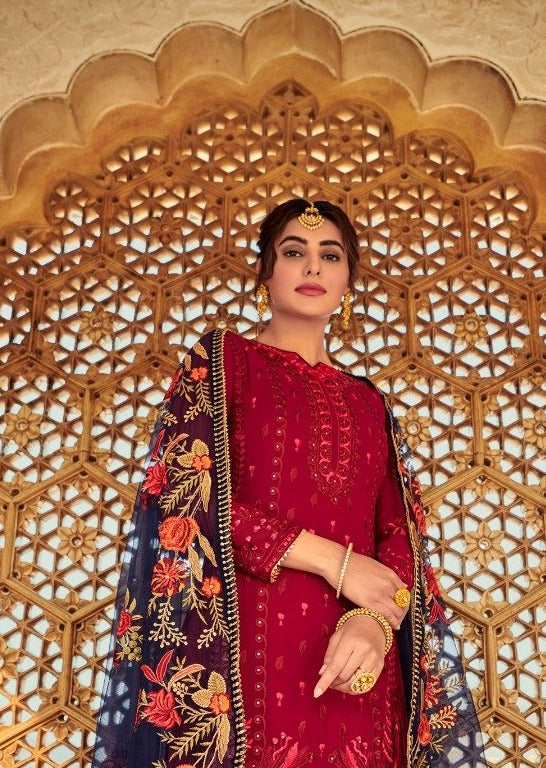 Red  Heavy Faux Georgette Embroidered Palazzo Suit