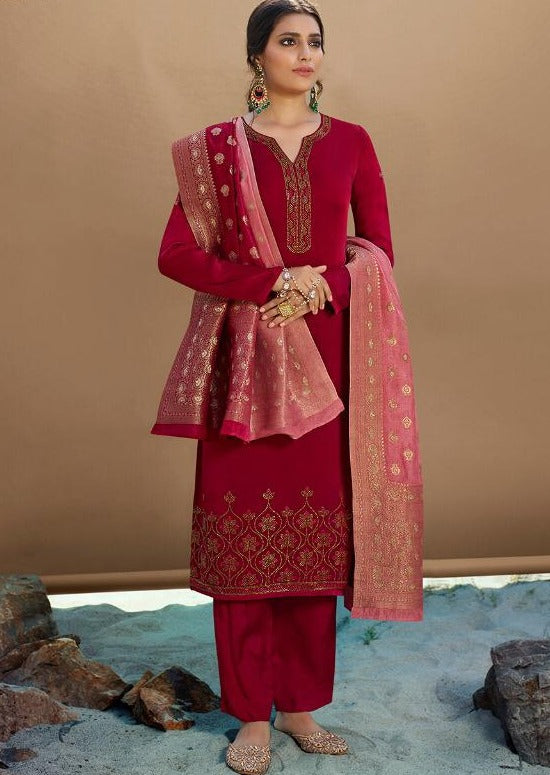 Red Swarovski Satin Georgette Embroidered Pant Suit
