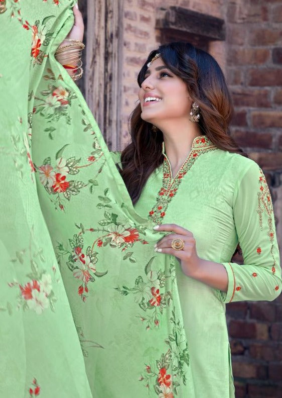 Mint Green Floral Silky French Crepe Digital Print Palazzo Suit