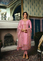 Pink Pure Tusser Silk Swarovski Embroidered Pant Suit