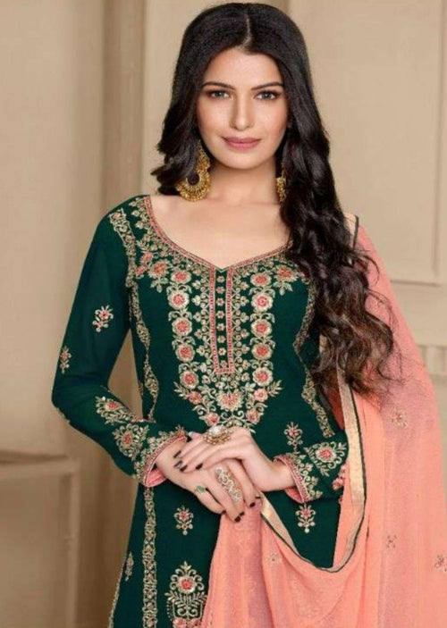 Dark Green & Coral Pure Georgette Front Heavy Embroidery Work Palazzo Suit
