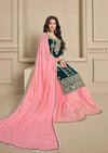 Teal Green & Pale Pink Pure Georgette Front Heavy Embroidery Palazzo Suit