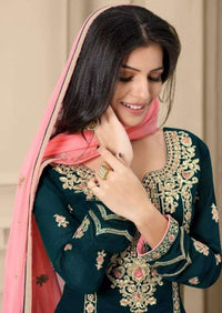Teal Green & Pale Pink Pure Georgette Front Heavy Embroidery Palazzo Suit