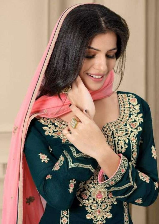 Teal Green & Pale Pink Pure Georgette Front Heavy Embroidery Palazzo Suit