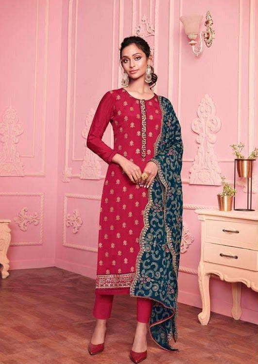 Pale Red & Navy Blue Georgette Sequence Heavy Embroidered Pant Suit