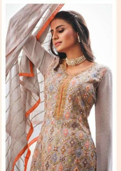 Light Grey & Coral Georgette Front Heavy Embroidery Work Pant Suit