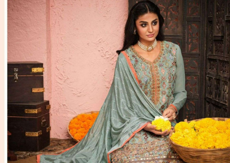 Sea Green Georgette Front Heavy Embroidery Work Pant Suit