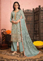 Sea Green Georgette Front Heavy Embroidery Work Pant Suit