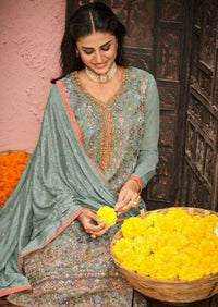 Sea Green Georgette Front Heavy Embroidery Work Pant Suit