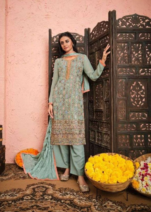 Sea Green Georgette Front Heavy Embroidery Work Pant Suit