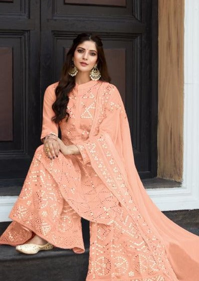 Peach Heavy Georgette Mirror Embroidered Gharara Suit