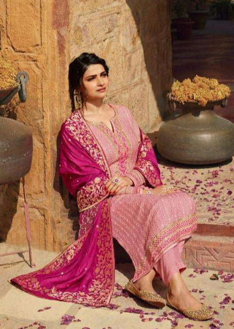 Salmon Pink & Magenta Schiffli Georgette Emboridery Wrok Pant Suit