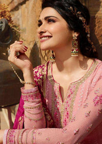 Salmon Pink & Magenta Schiffli Georgette Emboridery Wrok Pant Suit