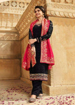 Black & Red Schiffli Georgette Embroidery Work Pant Suit