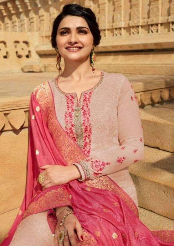 Cream & Red Schiffli Georgette Embroidery Work Pant Suit