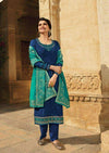 Royal Blue & Teal Schiffli Georgette Embroidery Work Pant Suit