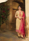 Beige & Pale Red Schiffli Georgette Emboridery Work Pant Suit