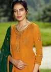 Mustard & Green Georgette Embroidered Churidar Suit