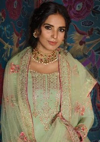 Mint Green Pure Tusser Silk Swarovski Embroidered Pant Suit