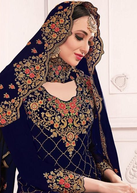 Navy Blue Georgette Embroidered Churidar Suit
