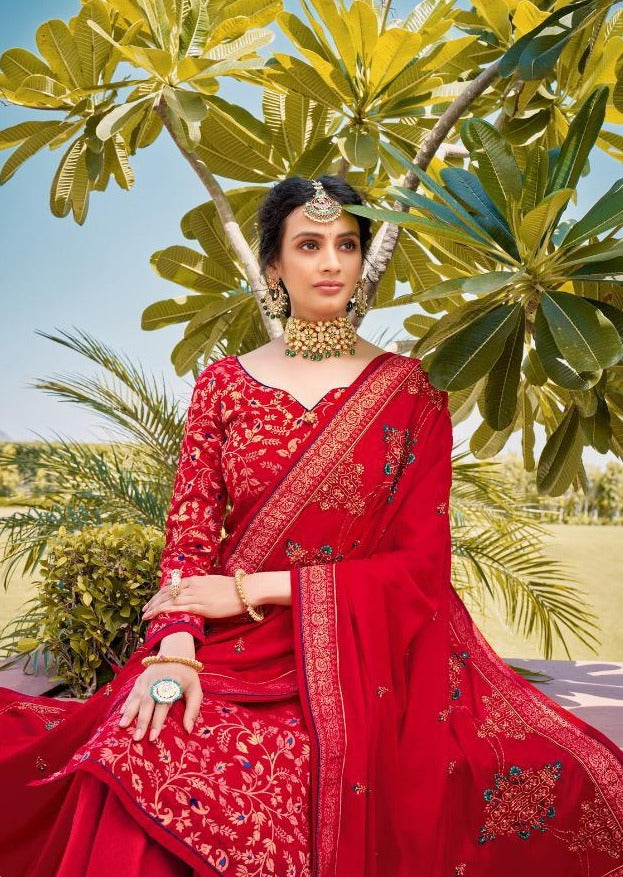 Red Pure Jacquard Silk Embroidered Palazzo Suit
