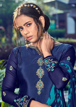 Navy Blue & Blue French Crepe Embroidered Digital Print Salwar Suit
