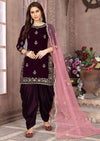 Wine & Pink Velvet Traditional Wear Embroidery Kurta Suit