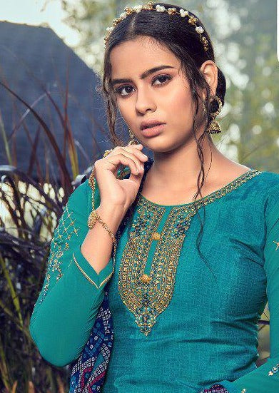 Blue & Navy Blue French Crepe Embroidered Digital Print Salwar Suit