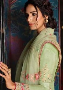 Mint Green Pure Tusser Silk Swarovski Embroidered Pant Suit
