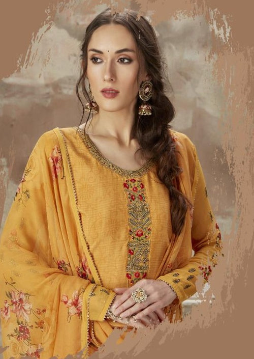 Yellow Floral Crepe Silk Embroidered Digital Print Patiala Suit