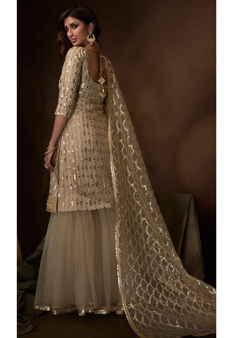 Light Beige Sequins Embroidered Net Gharara Suit