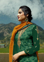 Green & Mustard Georgette Embroidered Churidar Suit