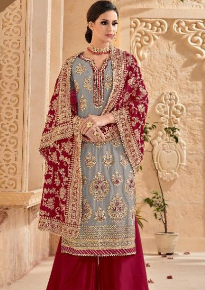 Grey & Red Faux Georgette Embroidered Palazzo Suit