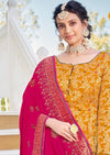 Mustard & Hot Pink Pure Jacquard Silk Embroidered Palazzo Suit
