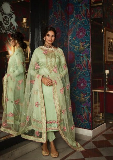Mint Green Pure Tusser Silk Swarovski Embroidered Pant Suit