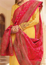 Yellow & Red Satin Georgette Embroidered Churidar Suit